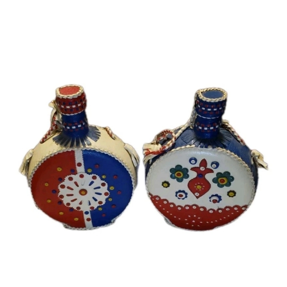 Vtg Leather Glass Water Flask Red White Blue Floral Folk Art Decorative Set Of 2
